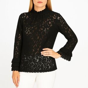 ZARA X-Small Sheer Black Lace Blouse Pullover Bell Sleeves 3 Tiered Lace Cuff
